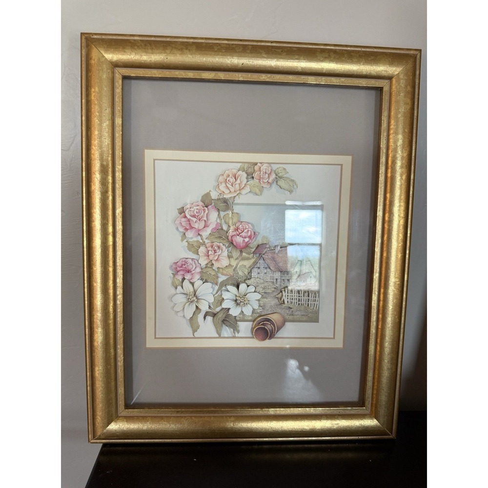 Vintage 80's 3D Floral mixed media Art signed framed 15x13" Wallmount